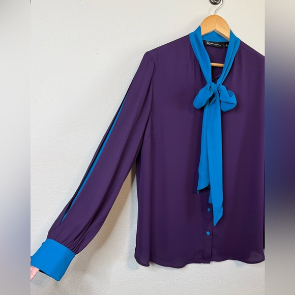 Vintage New York & Co Purple Blue Long Sleeve Funky Button Front Bow Shirt Sz LG - Picture 3 of 13